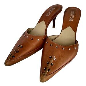 Michael Kors 6M Leather Mule Slides Brown Kitten Heel